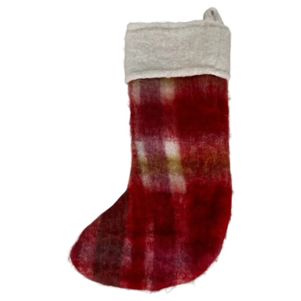 West Elm Christmas Stocking plaid mohair soft christmas holiday cabin boho chic